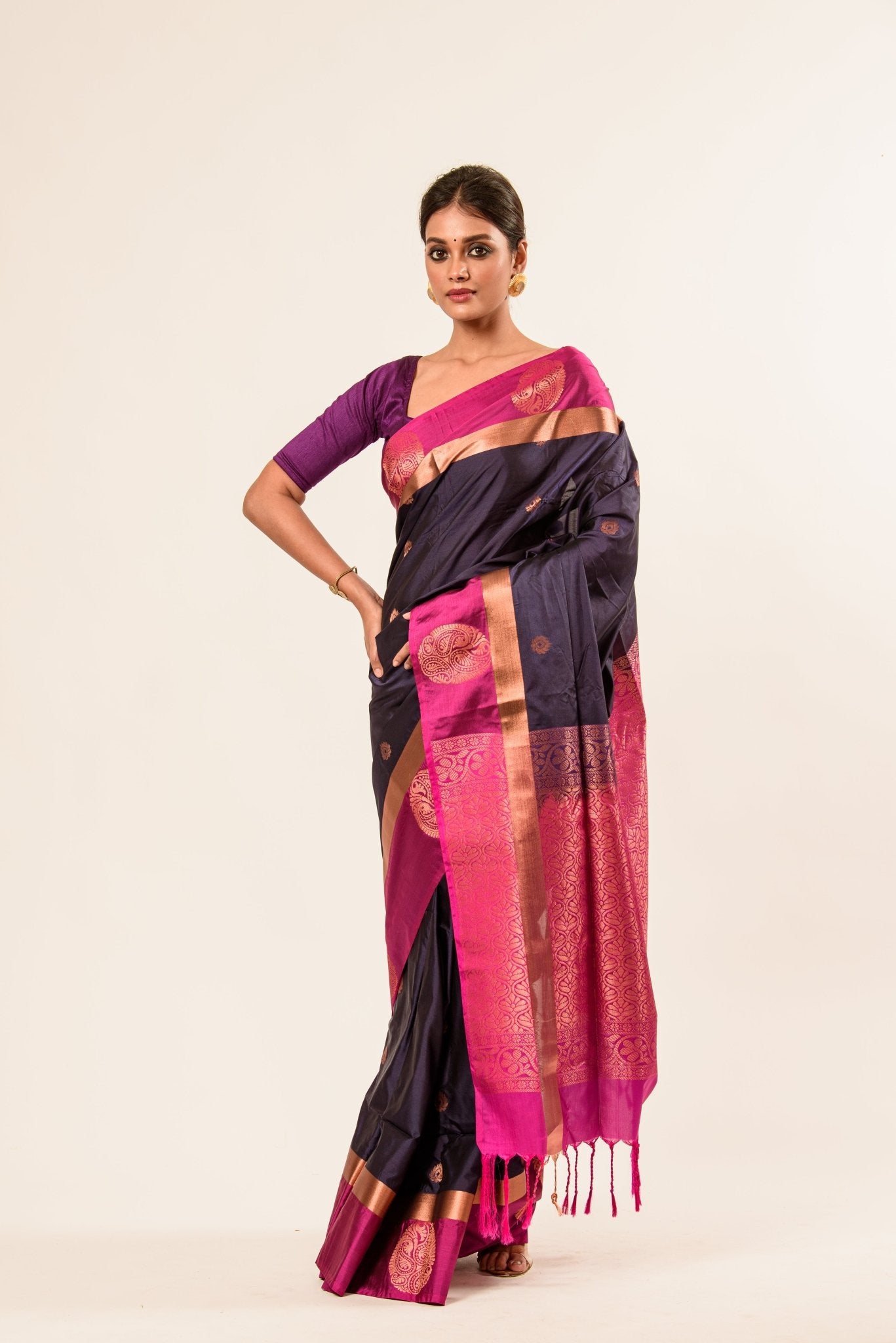 Royal Blue Kanjivaram Silk Saree with Floral Buttas - Anvi Couture