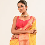 Yellow with Pink and Gold Border Handloom Silk Organza Saree - Anvi Couture