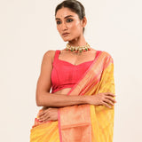 Yellow with Pink and Gold Border Handloom Silk Organza Saree - Anvi Couture