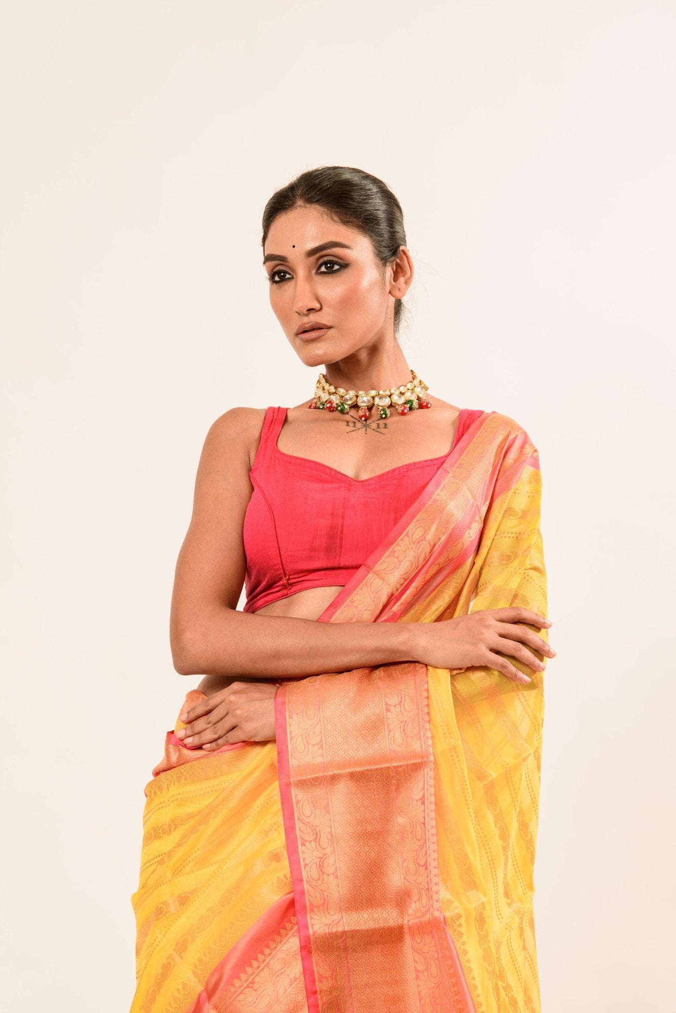 Yellow with Pink and Gold Border Handloom Silk Organza Saree - Anvi Couture