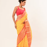 Yellow with Pink and Gold Border Handloom Silk Organza Saree - Anvi Couture