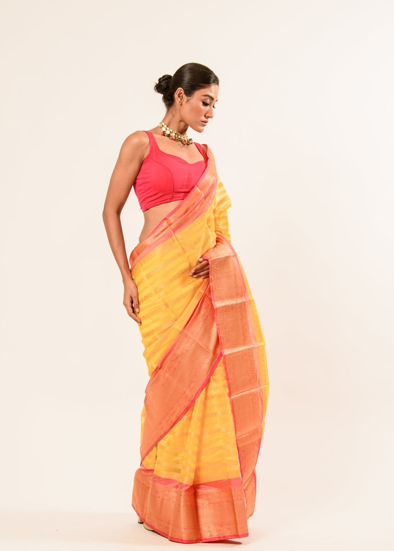 Yellow with Pink and Gold Border Handloom Silk Organza Saree - Anvi Couture
