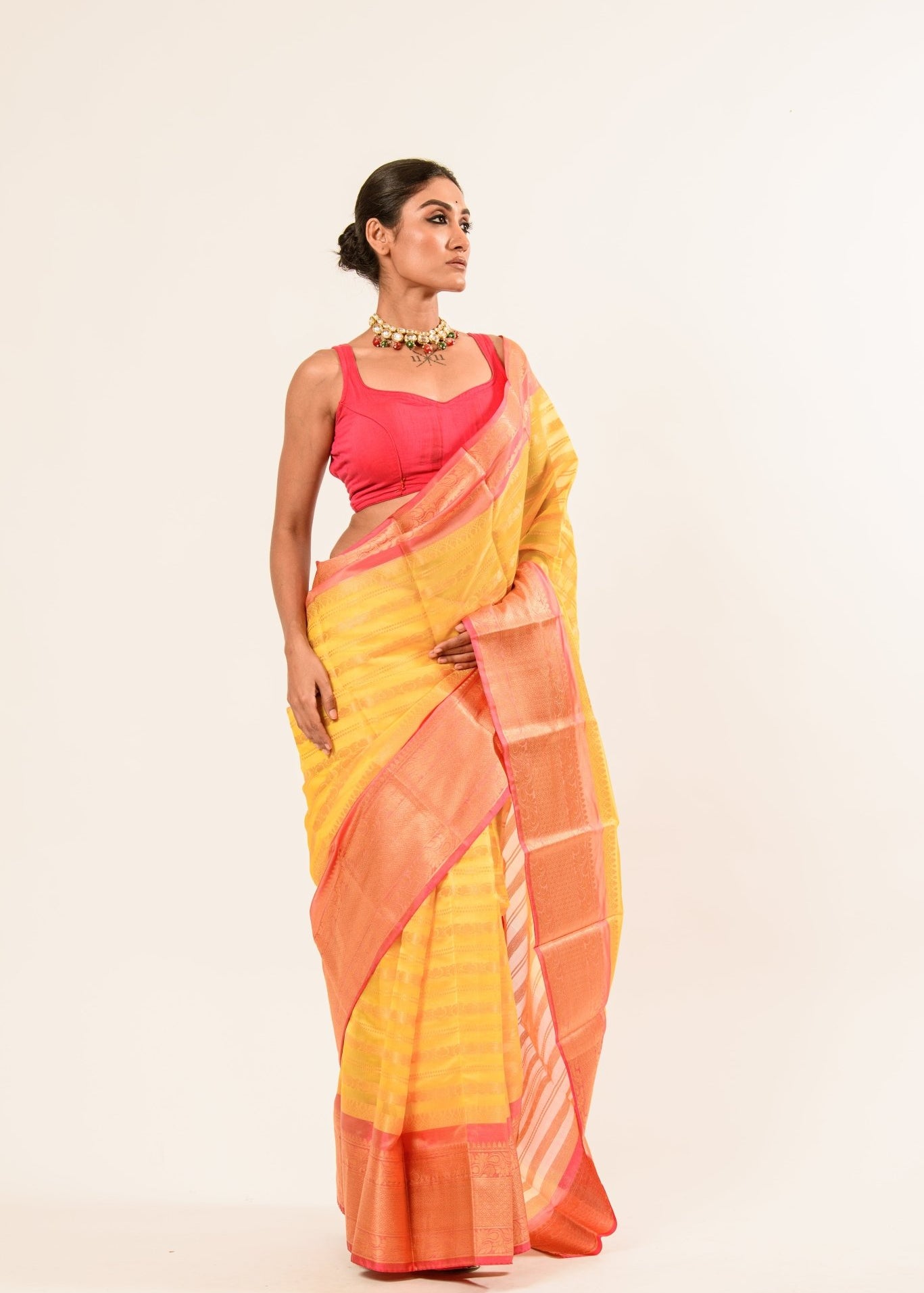 Yellow with Pink and Gold Border Handloom Silk Organza Saree - Anvi Couture