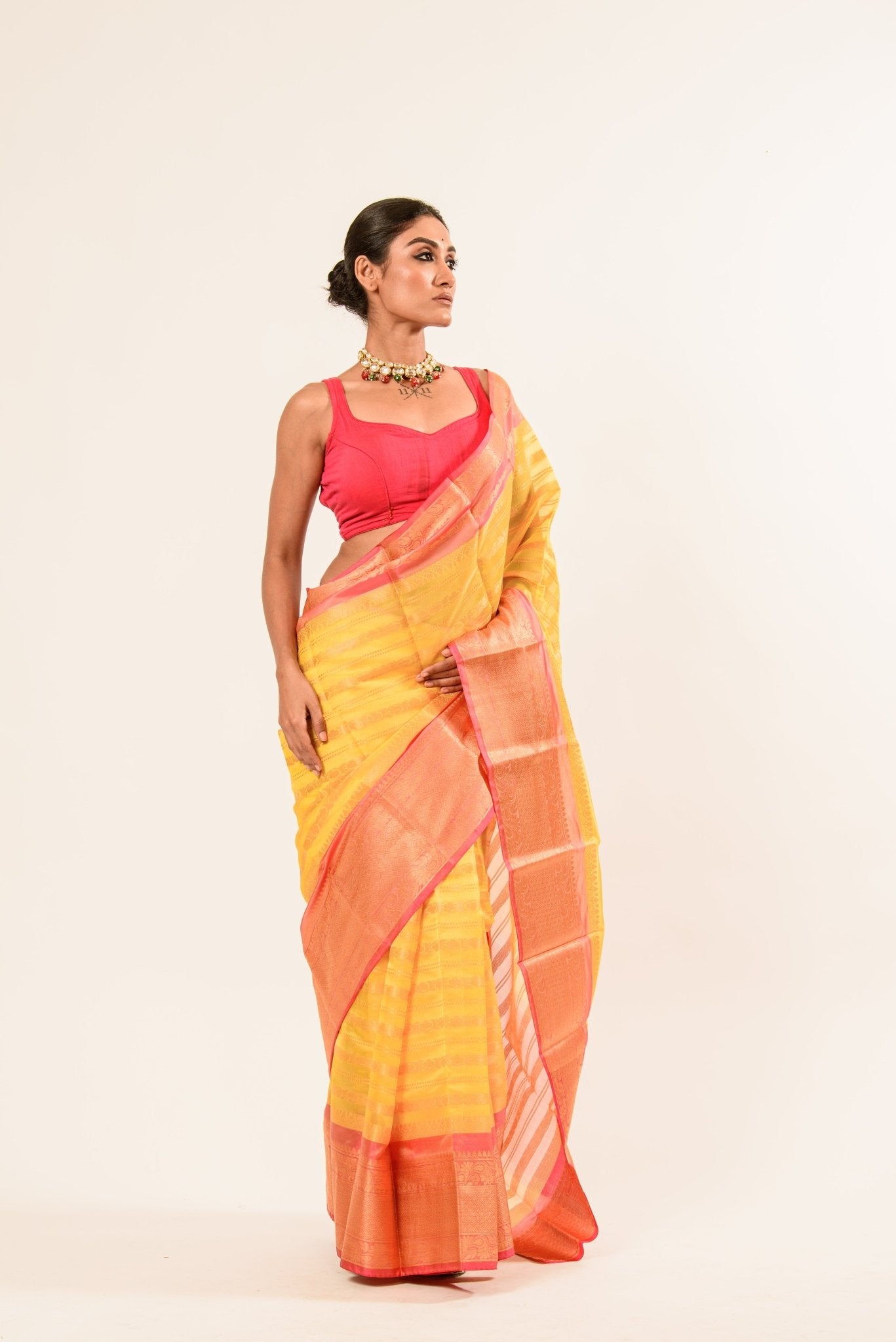Yellow with Pink and Gold Border Handloom Silk Organza Saree - Anvi Couture