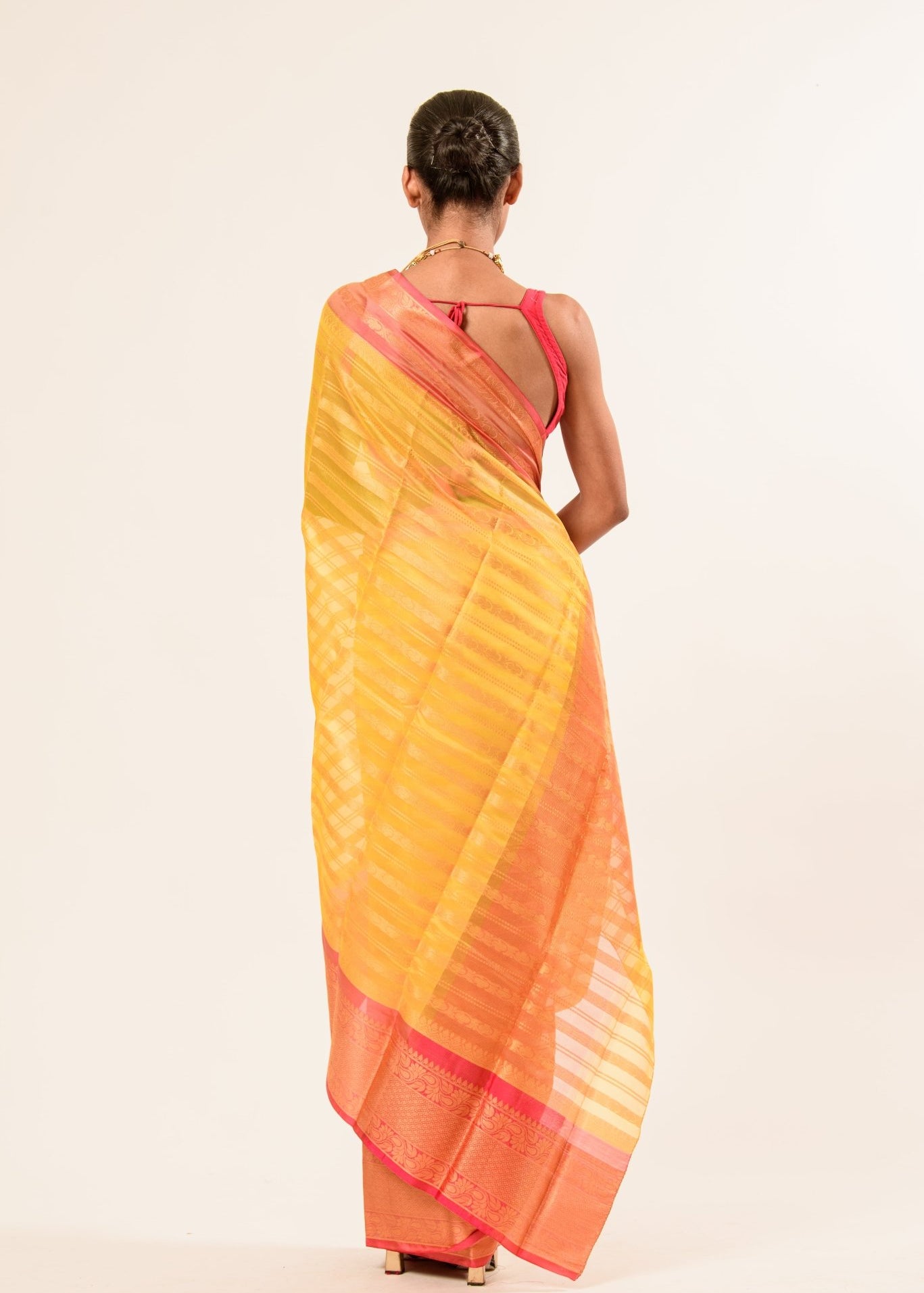 Yellow with Pink and Gold Border Handloom Silk Organza Saree - Anvi Couture