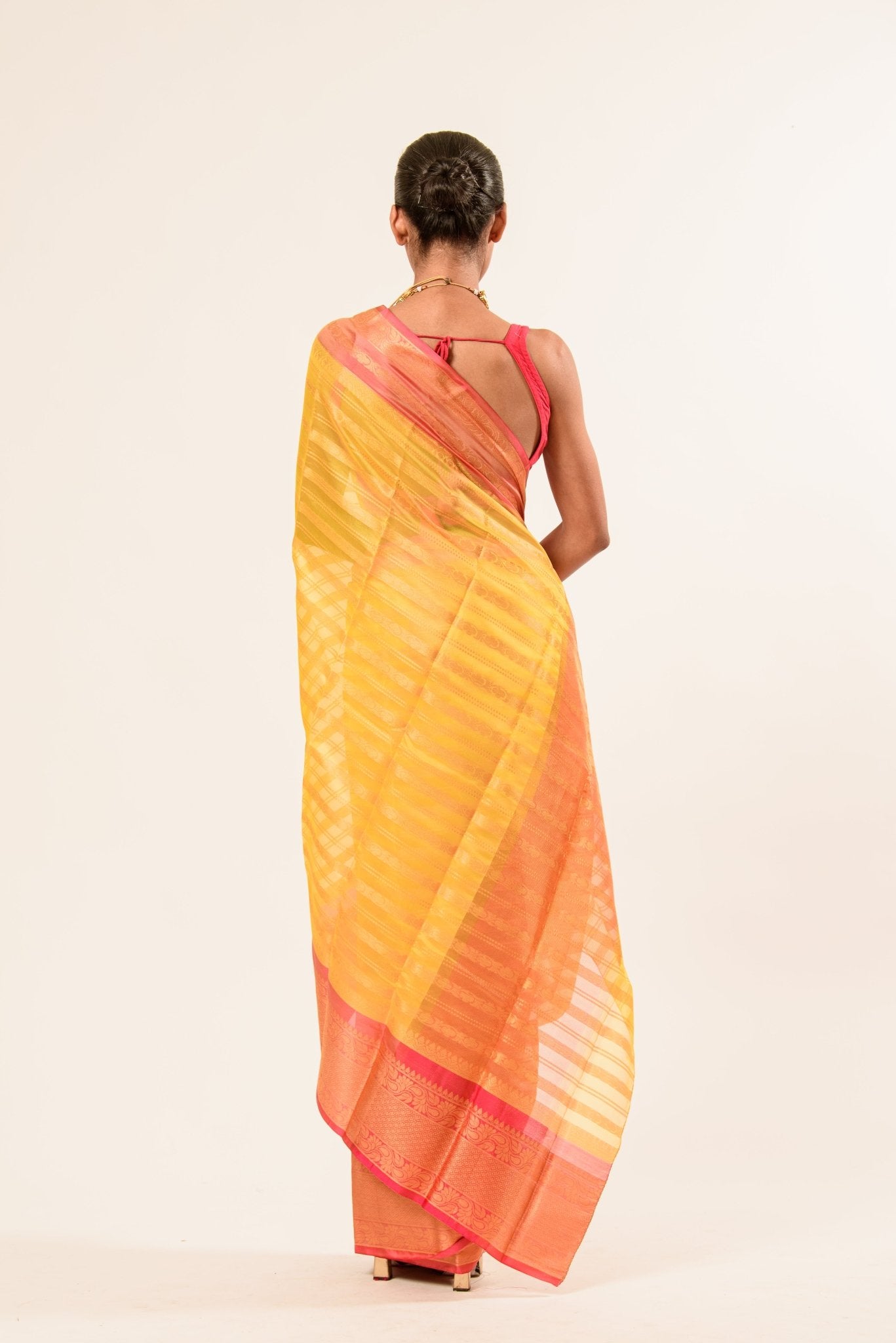 Yellow with Pink and Gold Border Handloom Silk Organza Saree - Anvi Couture