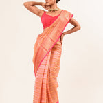 Peach with Pink and Gold Border Handloom Silk Organza Saree - Anvi Couture