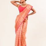 Peach with Pink and Gold Border Handloom Silk Organza Saree - Anvi Couture