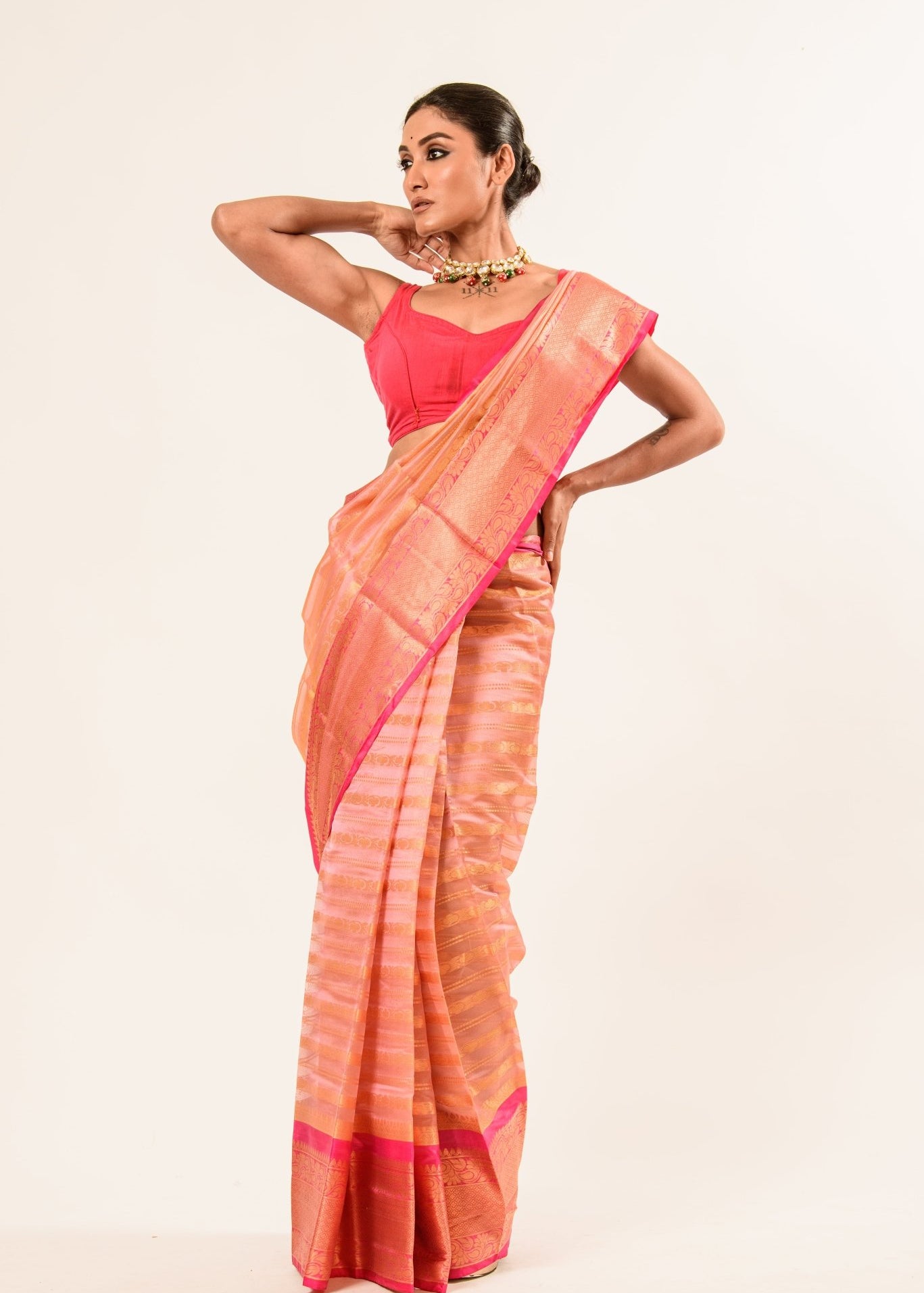 Peach with Pink and Gold Border Handloom Silk Organza Saree - Anvi Couture