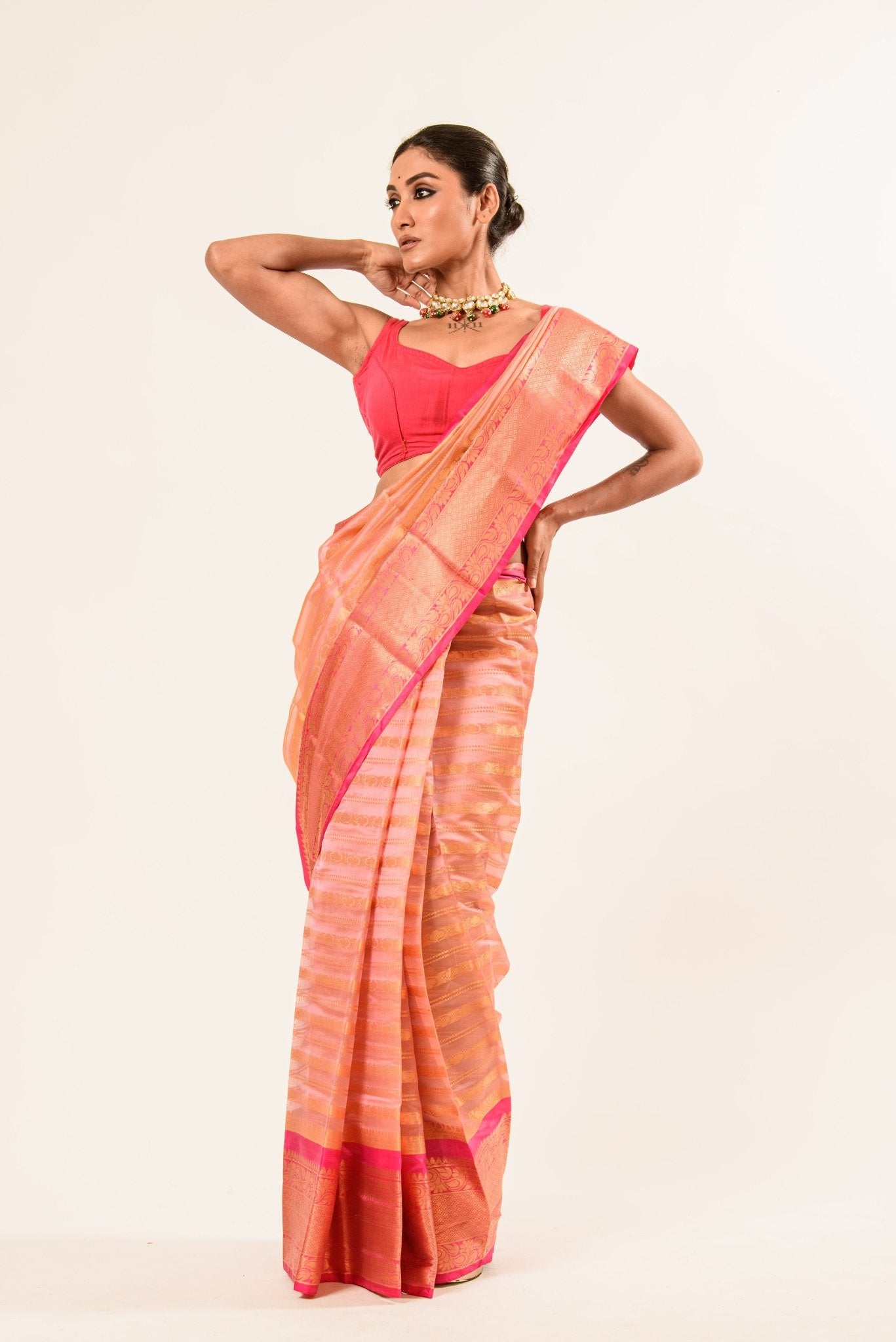 Peach with Pink and Gold Border Handloom Silk Organza Saree - Anvi Couture