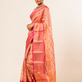 Peach with Pink and Gold Border Handloom Silk Organza Saree - Anvi Couture