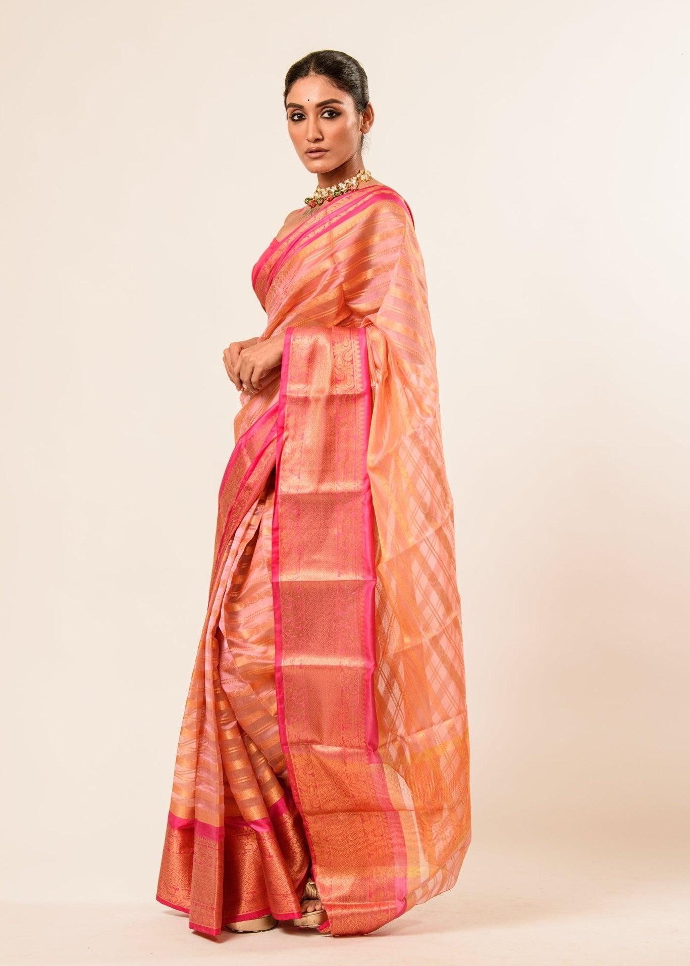 Peach with Pink and Gold Border Handloom Silk Organza Saree - Anvi Couture