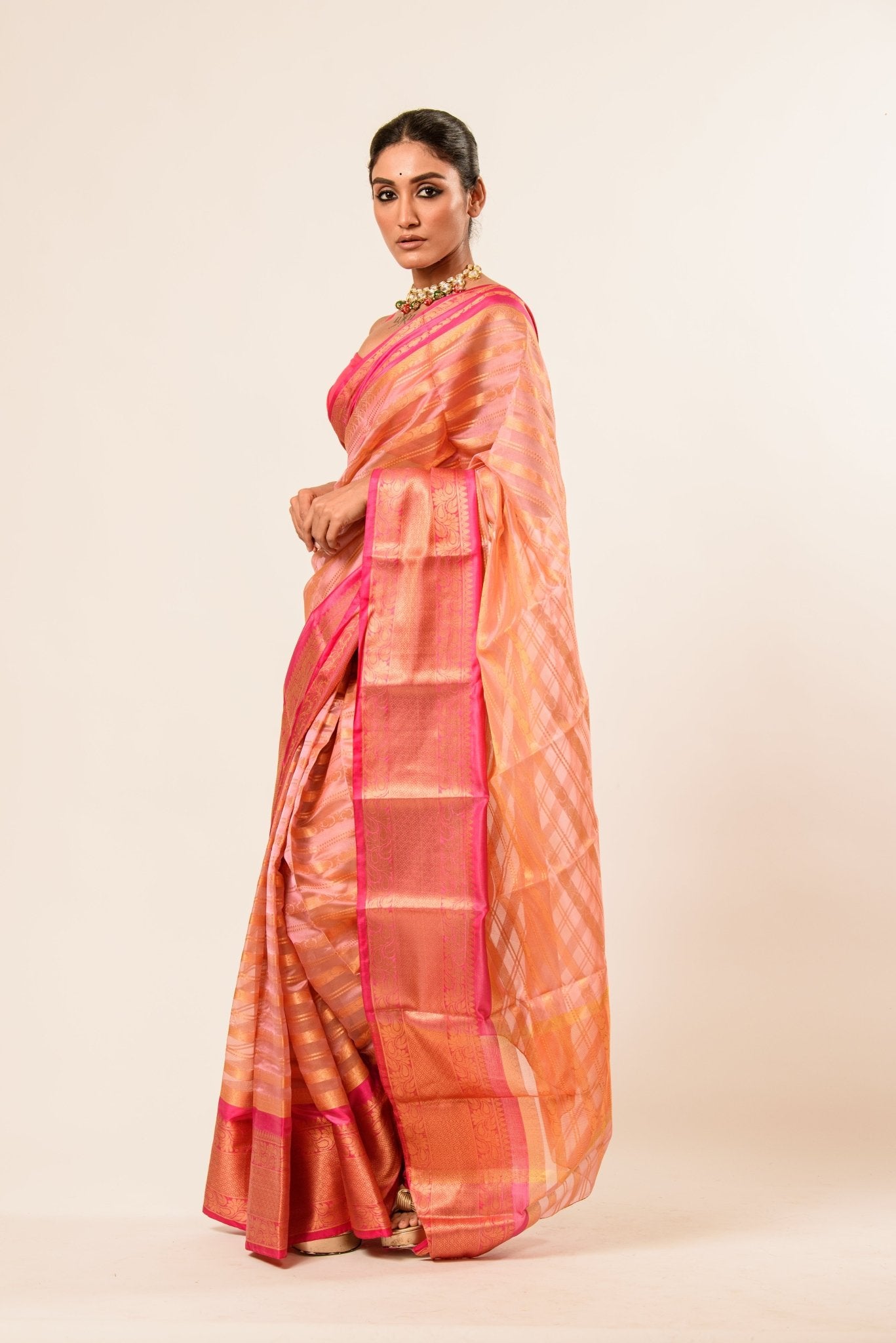 Peach with Pink and Gold Border Handloom Silk Organza Saree - Anvi Couture