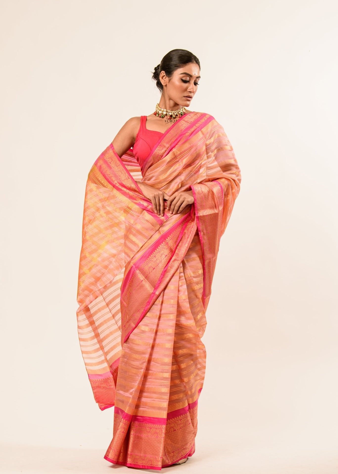 Peach with Pink and Gold Border Handloom Silk Organza Saree - Anvi Couture