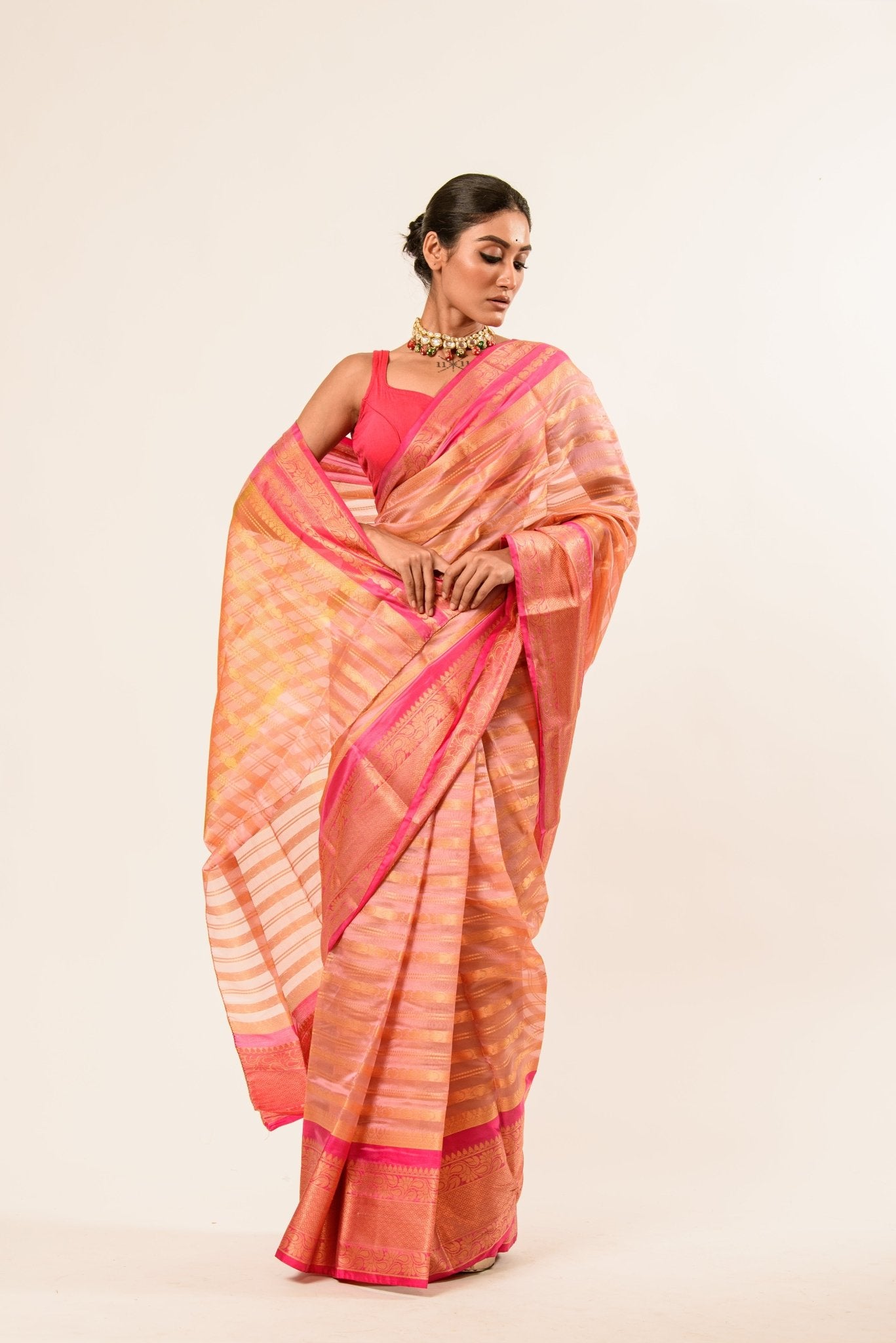 Peach with Pink and Gold Border Handloom Silk Organza Saree - Anvi Couture