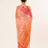 Peach with Pink and Gold Border Handloom Silk Organza Saree - Anvi Couture