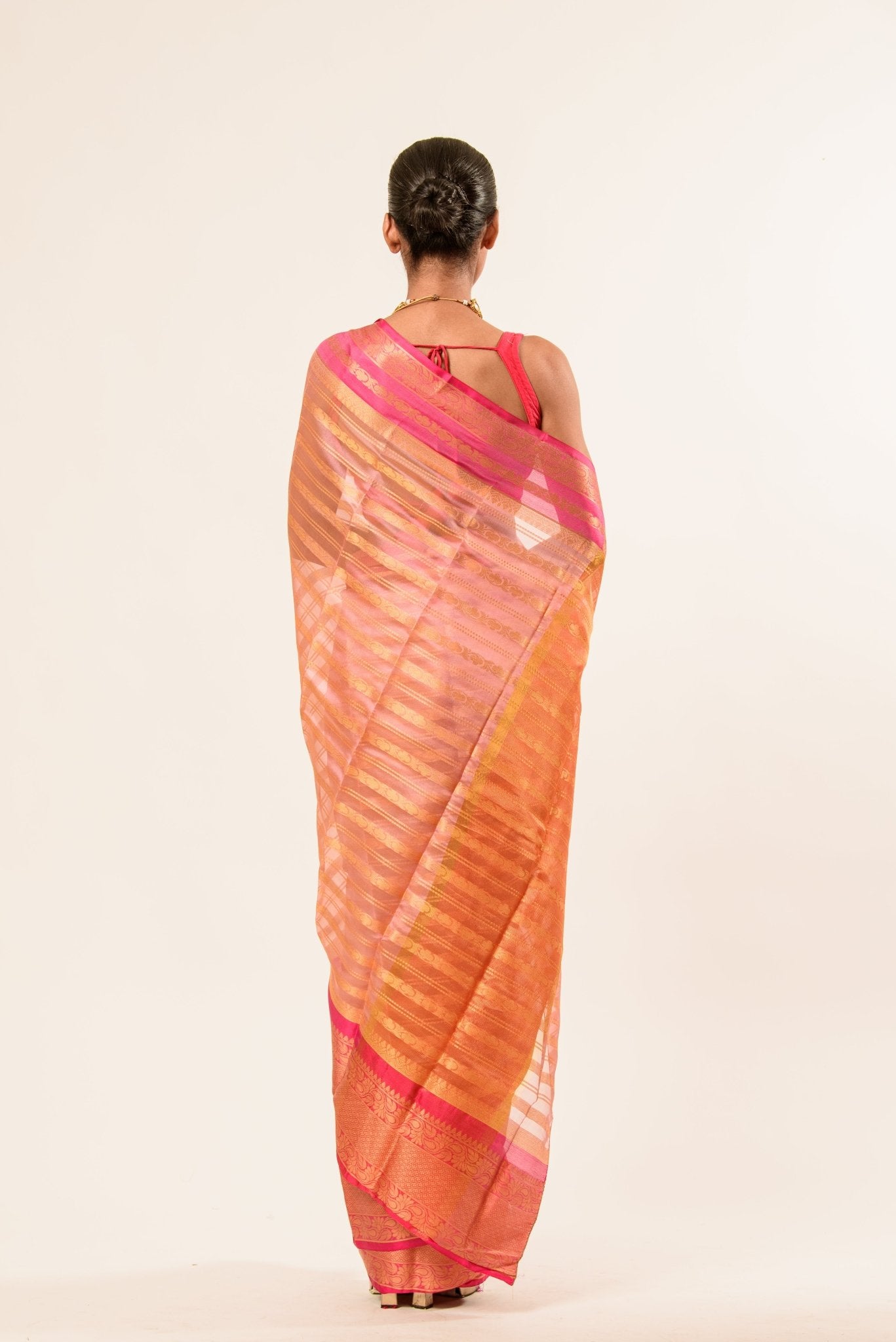 Peach with Pink and Gold Border Handloom Silk Organza Saree - Anvi Couture