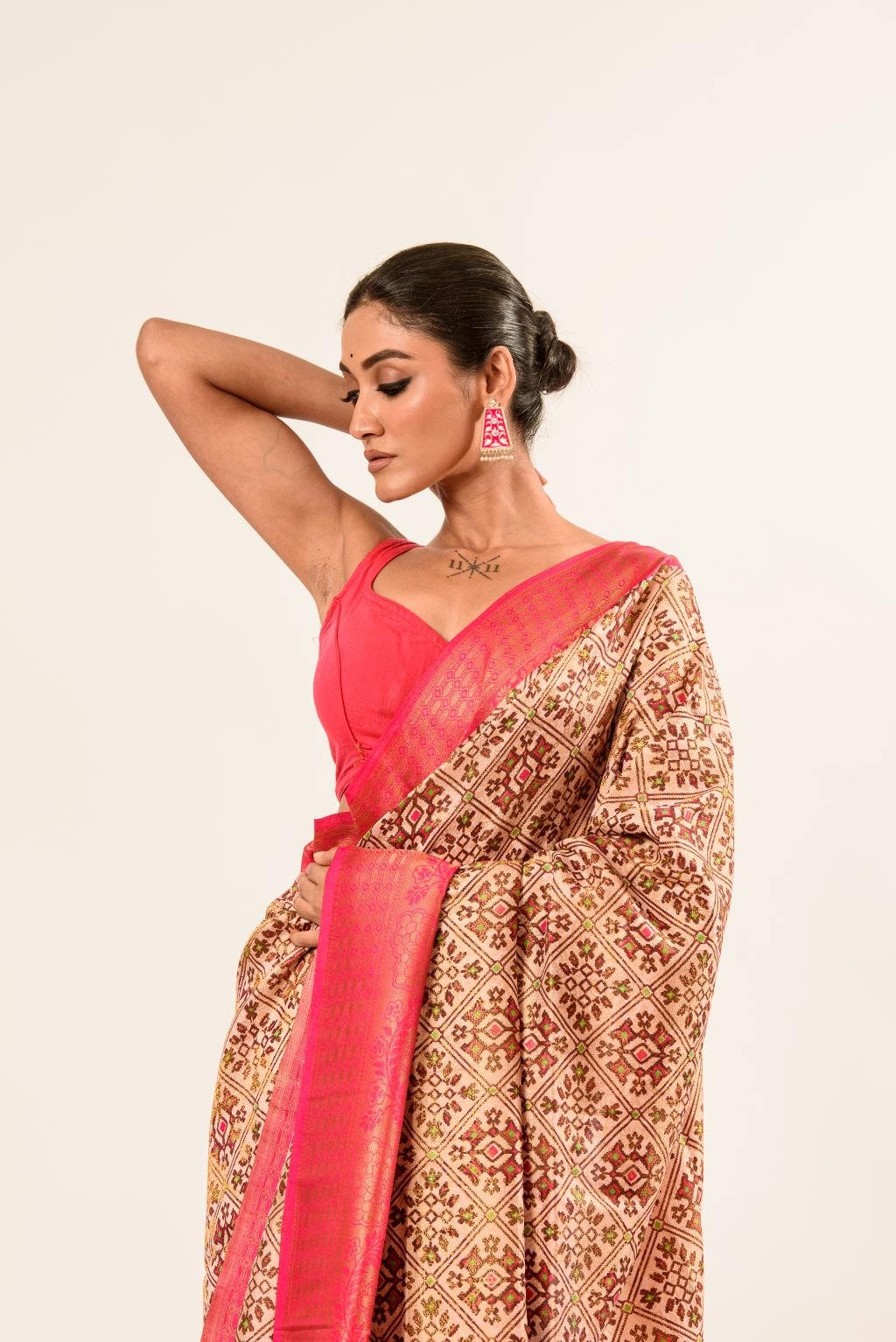 Pearl White and Red Digital Printed Art Silk Saree with Unstitch Blouse - Anvi Couture