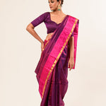 Purple and Pink Kanjivaram Silk Saree With Check Patterns and Mayil Butas