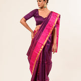 Purple and Pink Kanjivaram Silk Saree With Check Patterns and Mayil Butas