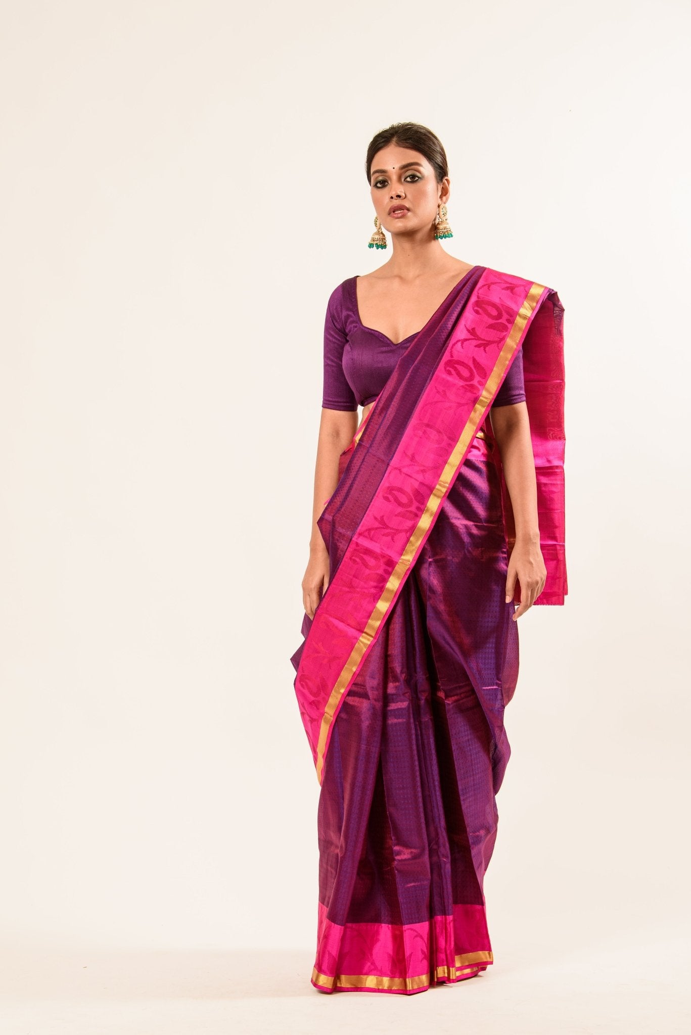 Purple and Pink Kanjivaram Silk Saree With Check Patterns and Mayil Butas