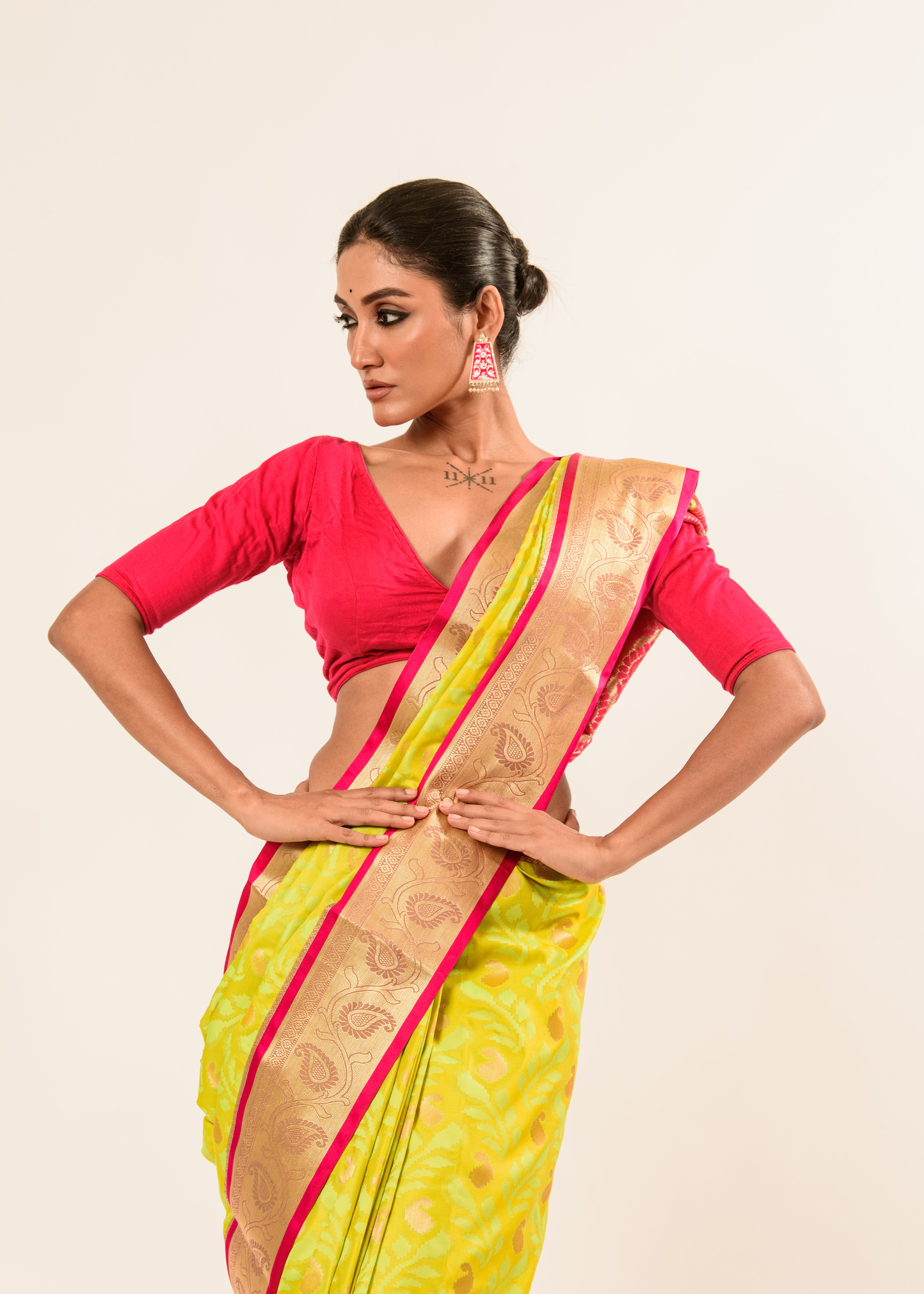 Lime Green Kanjivaram Silk Saree with Jaal Floral Buta Design - Image 6