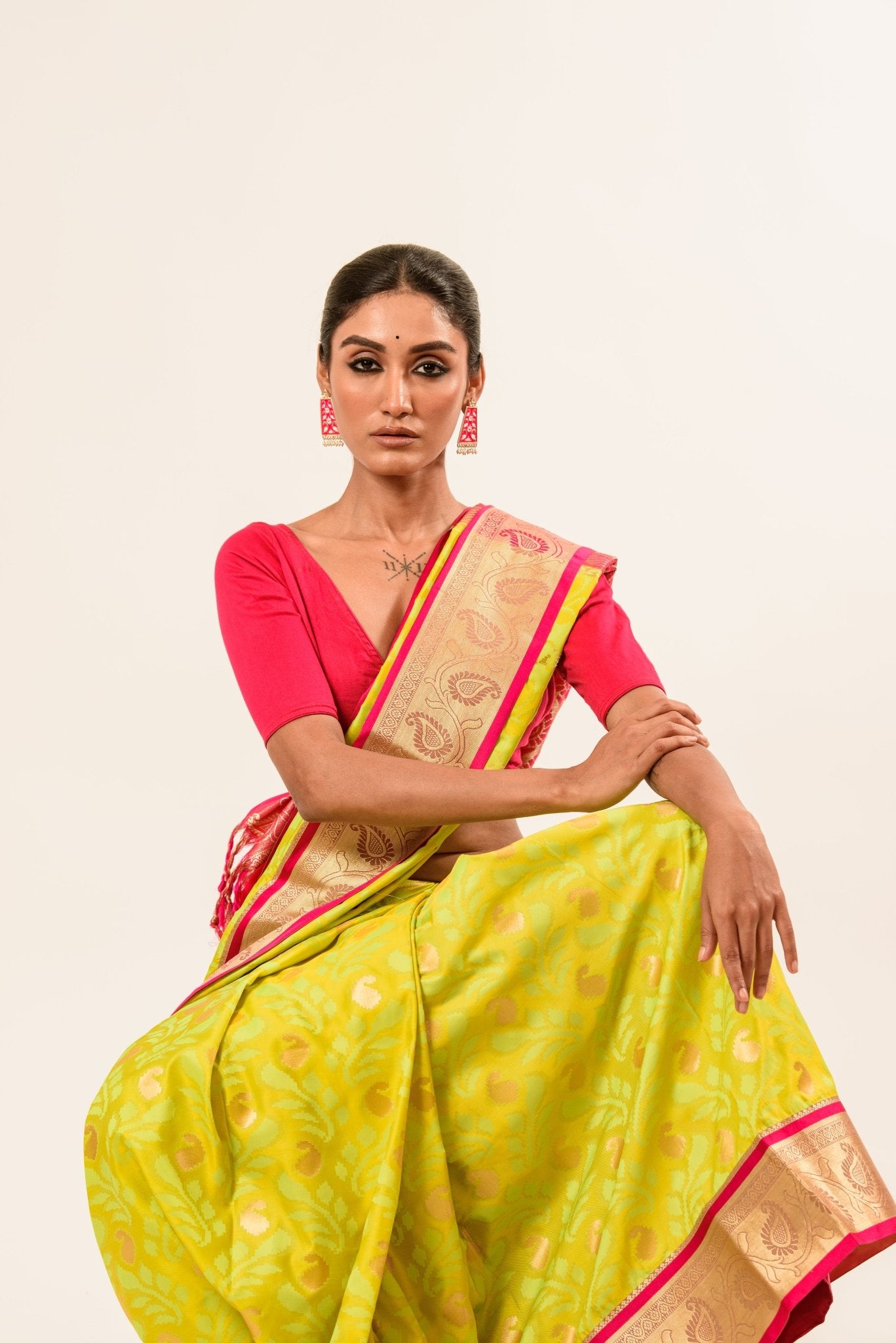 Buy our Floral Lime Green Kanjivaram Pure Silk Saree, perfect blend of traditional and contemporary styles - Anvi Couture.