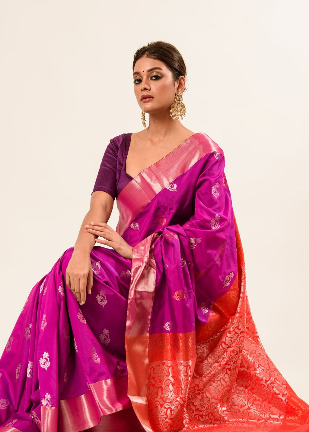 Bangalore Silk Saree in Purple with Red Border - Anvi Couture
