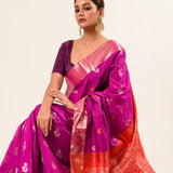 Bangalore Silk Saree in Purple with Red Border - Anvi Couture