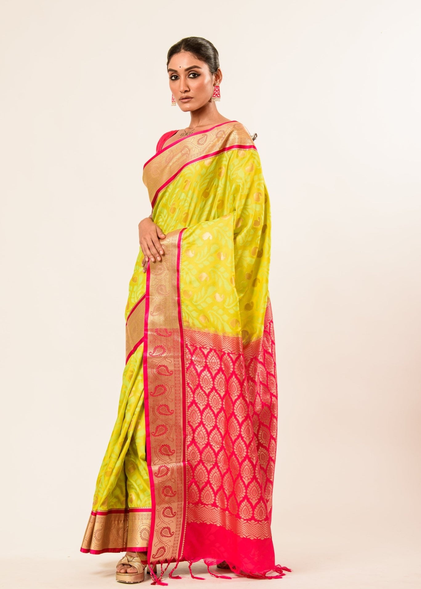 Lime Green Kanjivaram Silk Saree With Floral Design - Anvi Couture