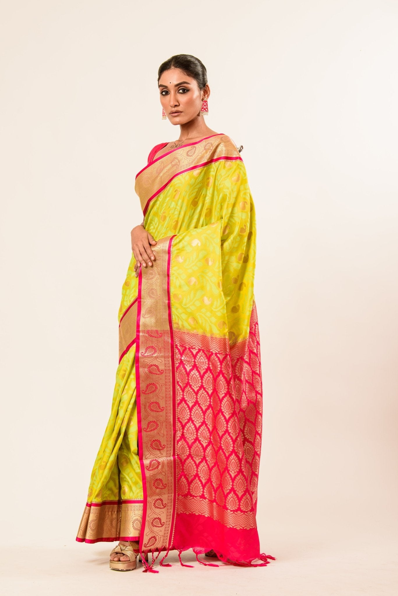 Lime Green Kanjivaram Silk Saree With Floral Design - Anvi Couture