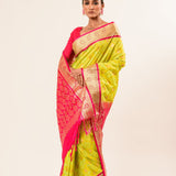 Lime Green Kanjivaram Silk Saree With Floral Design - Anvi Couture