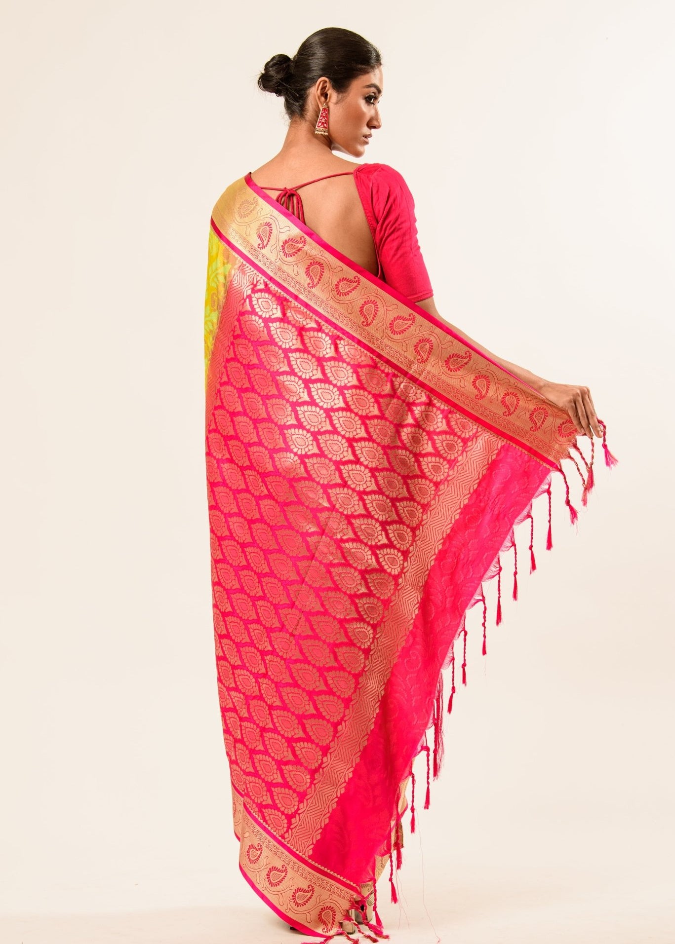 Lime Green Kanjivaram Silk Saree with Jaal Floral Buta Design - Image 3