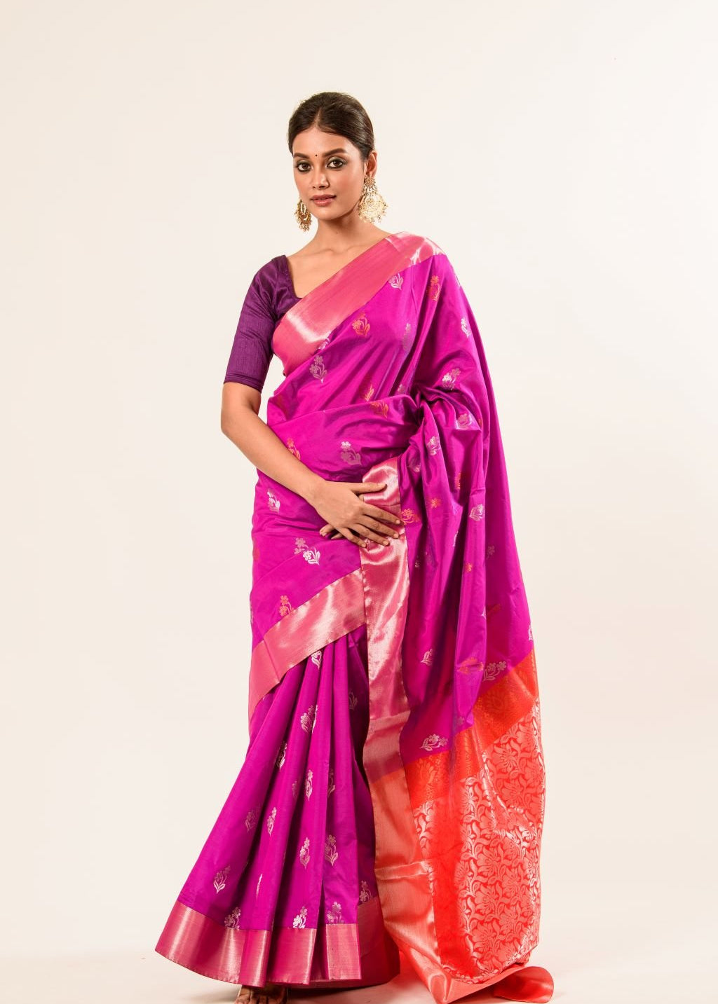 Bangalore Silk Saree in Purple with Red Border - Anvi Couture