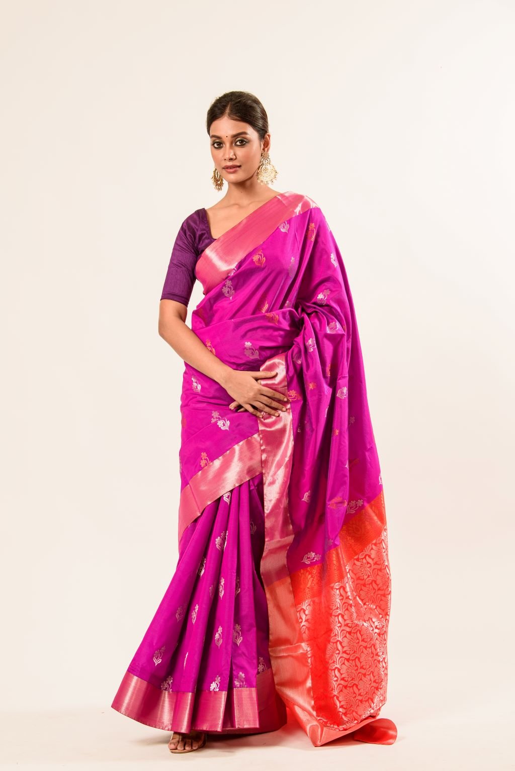 Bangalore Silk Saree in Purple with Red Border - Anvi Couture