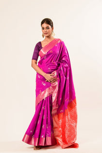 Bangalore Silk Saree in Purple with Red Border - Anvi Couture