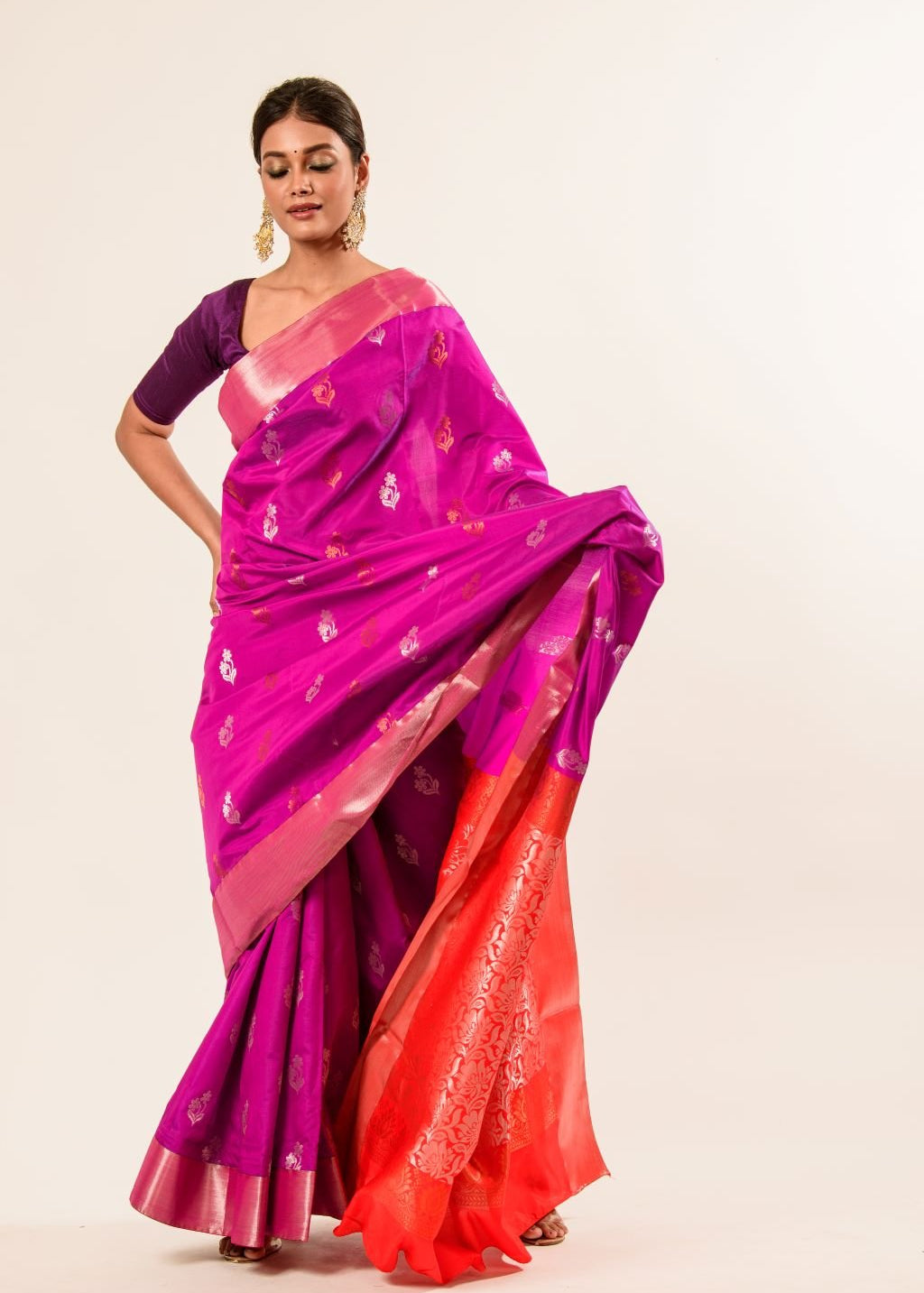 Bangalore Silk Saree in Purple with Red Border - Anvi Couture