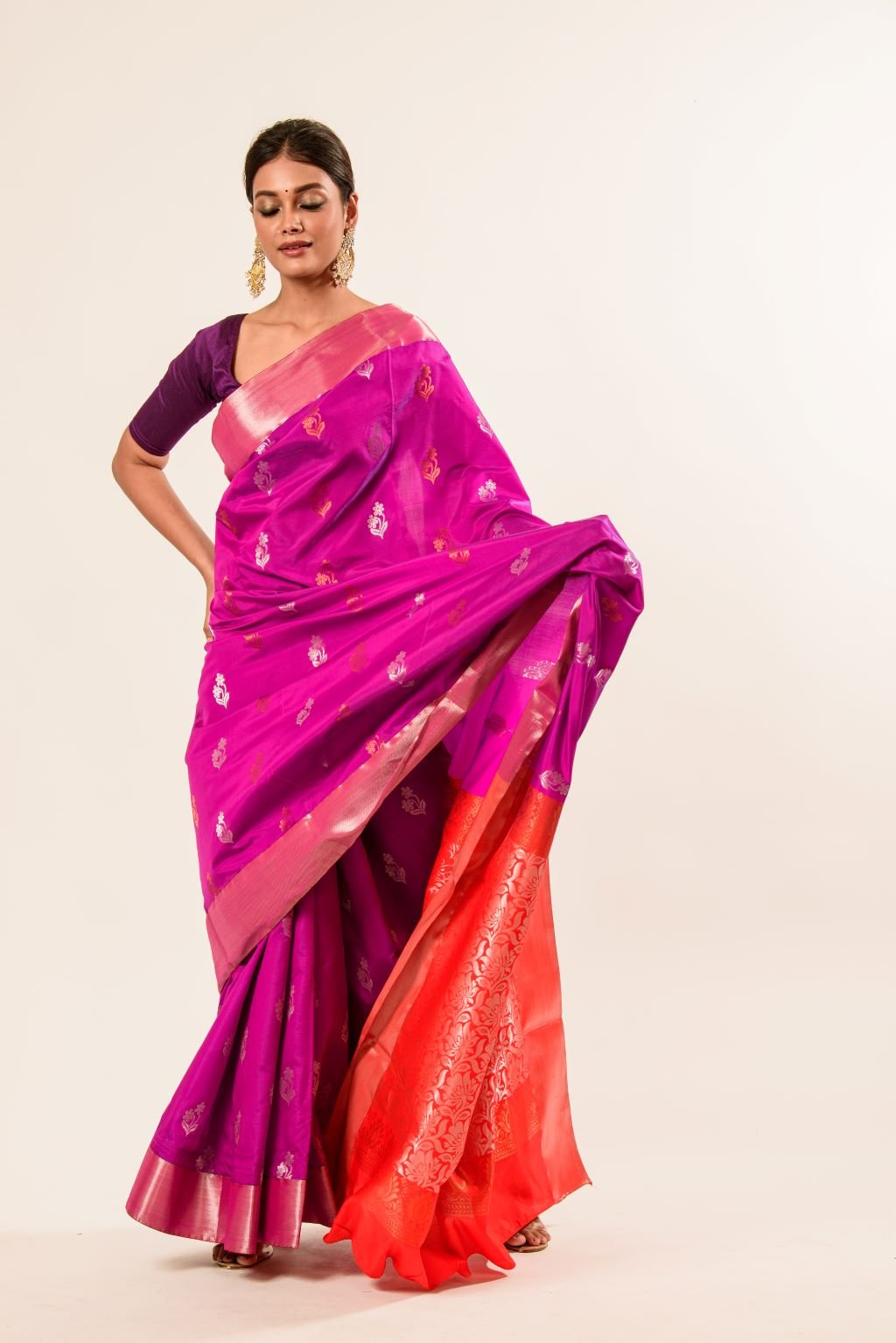 Bangalore Silk Saree in Purple with Red Border - Anvi Couture