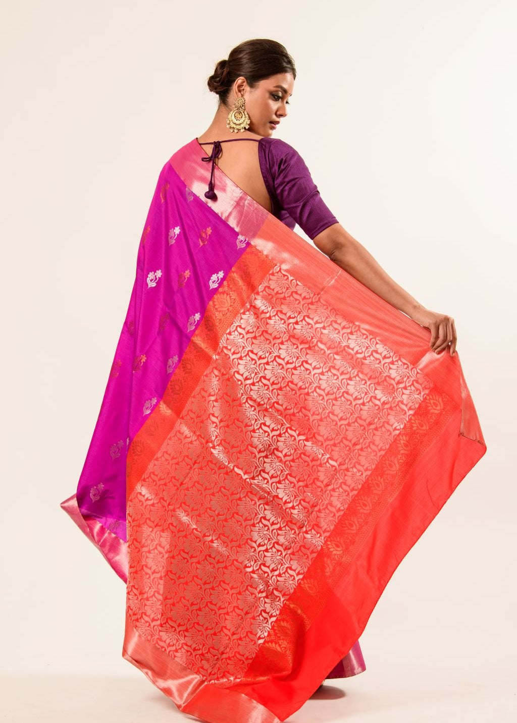 Bangalore Silk Saree in Purple with Red Border - Anvi Couture