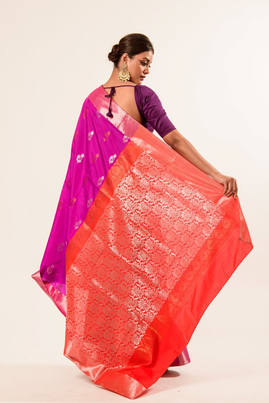 Bangalore Silk Saree in Purple with Red Border - Anvi Couture