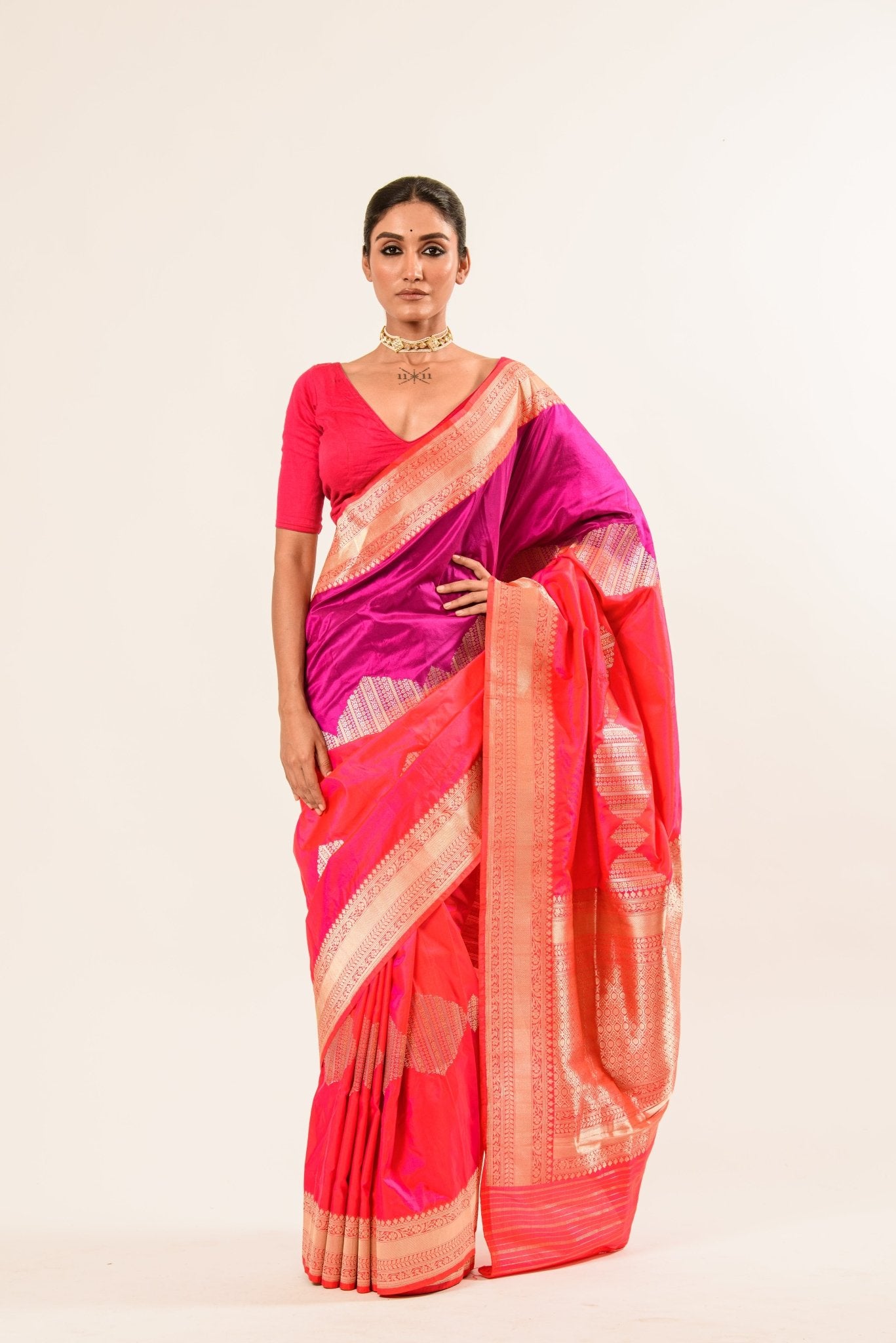 Lavender and Pink Color Katan Silk Handwoven Banarasi Saree with Real Zari Work - Image 1