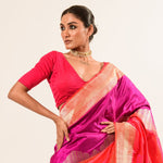 Lavender and Pink Color Katan Silk Handwoven Banarasi Saree with Real Zari Work - Image 4