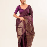 Dark Wine Handwoven Banarasi Silk Saree - Anvi Couture