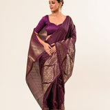 Dark Wine Handwoven Banarasi Silk Saree - Anvi Couture