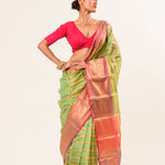 Green Organza Silk Saree with Pink Border and Gold Strip - Image 1