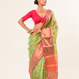 Green Organza Silk Saree with Pink Border and Gold Strip - Anvi Couture