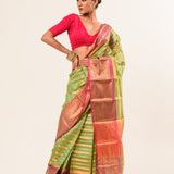 Green Organza Silk Saree with Pink Border and Gold Strip - Image 2