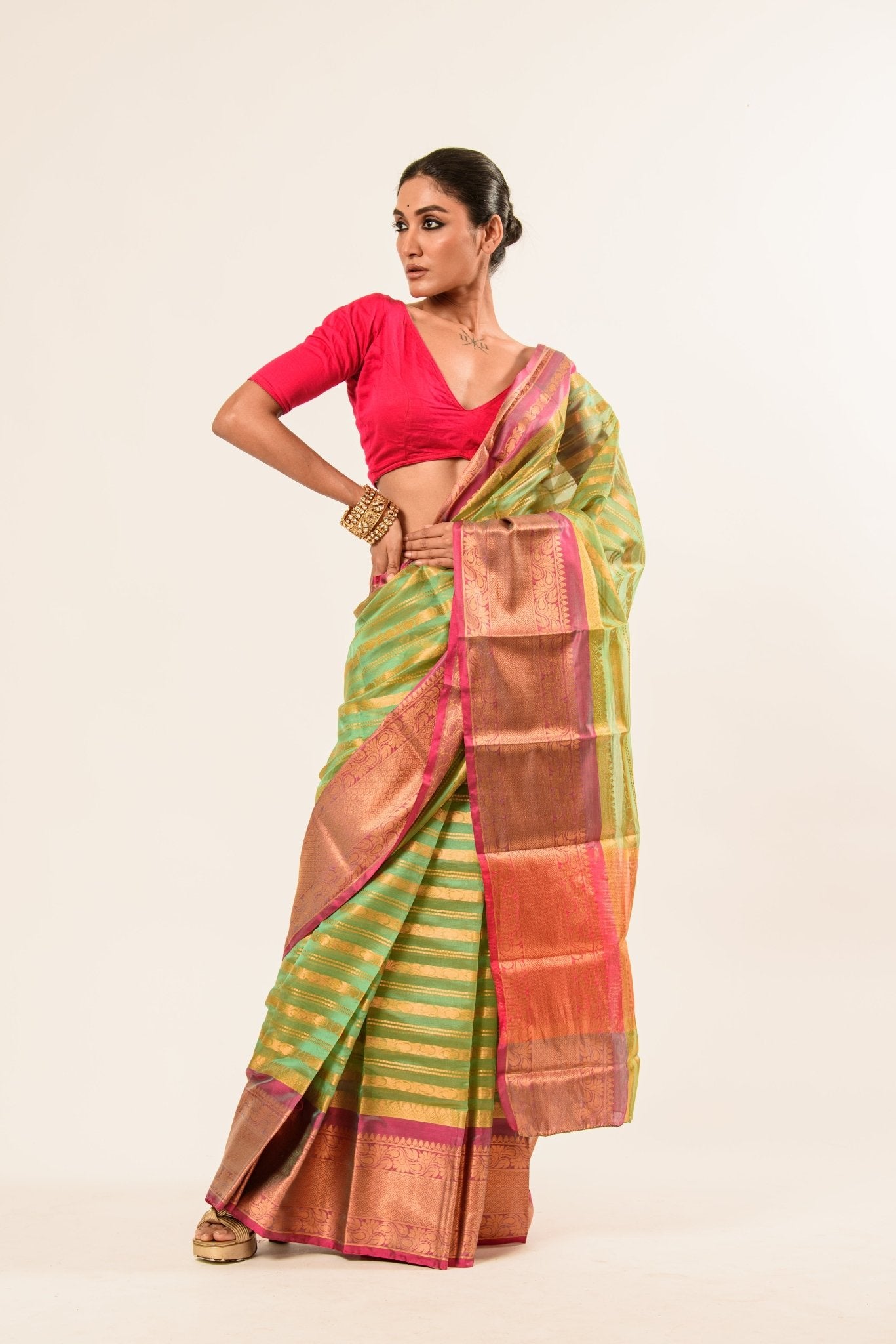 Green Organza Silk Saree with Pink Border and Gold Strip - Image 2