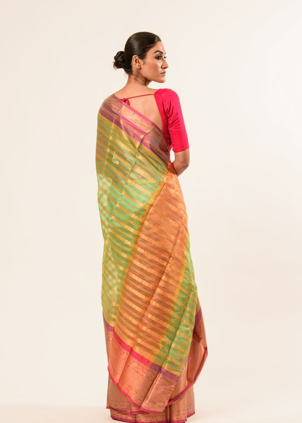 Green Organza Silk Saree with Pink Border and Gold Strip - Image 3