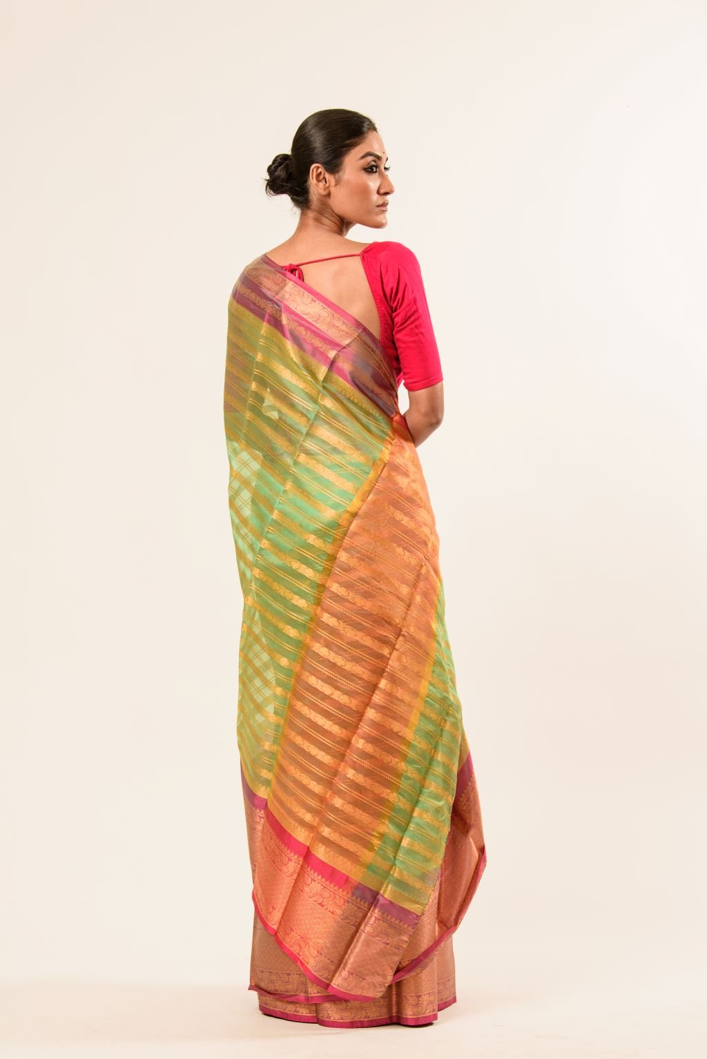 Green Organza Silk Saree with Pink Border and Gold Strip - Image 3